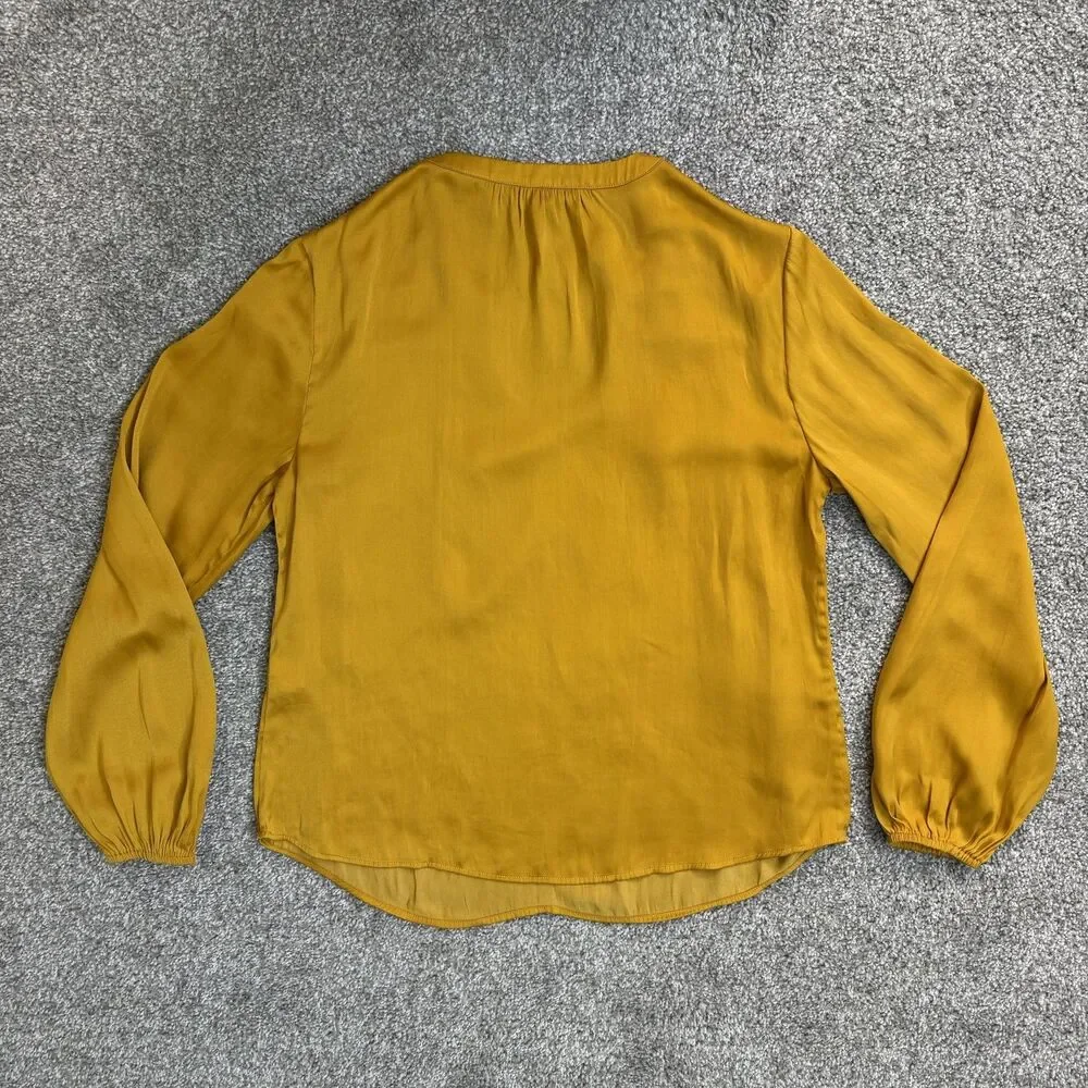 Banana Republic Blouse Womens XS Yellow Satin V Neck Long Sleeve Shirred Top